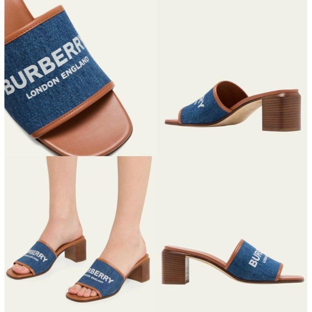 NWT BURBERRY Wilma Logo Blue & Brown Broad Strap Square Open Toe Mules S… - Picture 2 of 12